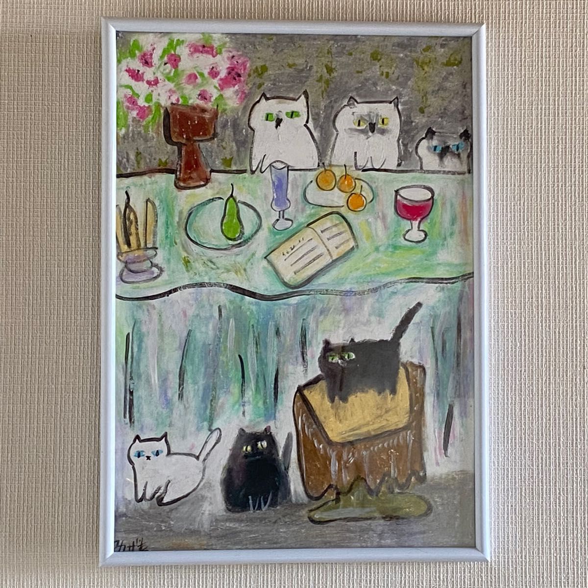 絵画 。壁掛け絵手描き【かわいい猫たちはピアノの曲を聞いてデートする】-