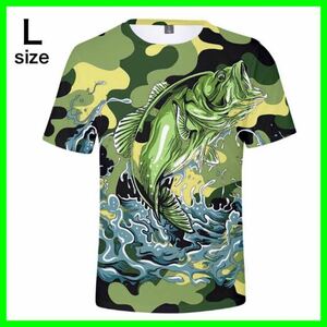 フィッシング　Tシャツ　ブラックバス　 総柄　Lサイズ　グリーン　通気性抜群　新品　★送料無料★