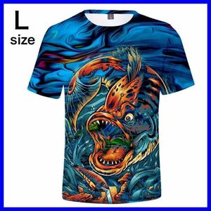 フィッシング　Tシャツ　ブラックバス　 総柄　Lサイズ　ブルー　通気性抜群　新品　送料無料