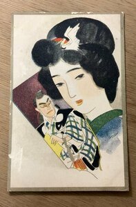 FF-3101 ■送料無料■ 美人画 羽子板 女子 女性 役者 年賀状 絵 絵画 美術品 田沢切手 戦前 手紙 絵葉書 エンタイア 写真 古写真/くNAら