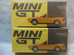 未開封新品 MINI GT 392 Mazda Miata MX-5 Sunburst Yellow & 339 Eunos Roadster Sunburst Yellow 2台組