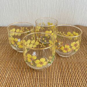 昭和 レトロ フラワー お花 グラス お茶 金縁 湯のみ ガラス 4客セット 