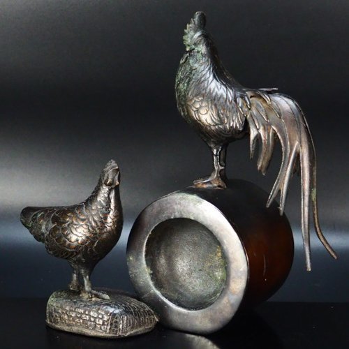 限定品 時代金工 古銅 鶏 置物 一對 M R5409B 古寶奇蔵】銅製・塗金