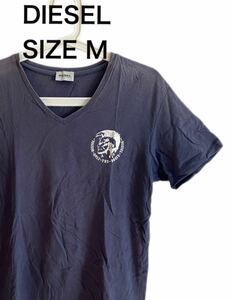 【送料無料】中古 DIESEL ディーゼル Tシャツ Vネック ロゴプリント ネイビー サイズM