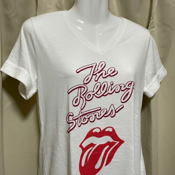 The Rolling Stones Vネック ロゴTシャツ ホワイト Lサイズ