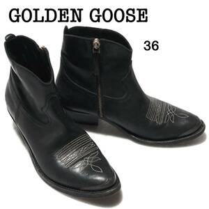 ゴールデングース ショート ウエスタンブーツ 36/GOLDEN GOOSE USED加工 レザー 伊製 ブラック