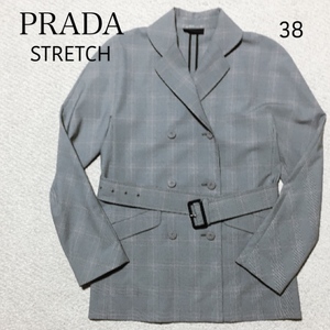 PRADA ベルト付 ストレッチコート 38/プラダ グレンチェック ダブルジャケット 伊製 プラダジャパン正規