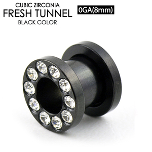  body pierce fresh tunnel black rhinestone attaching 0G(8mm) surgical stainless steel 316L clear jewel specification year Lobb 0 gauge I