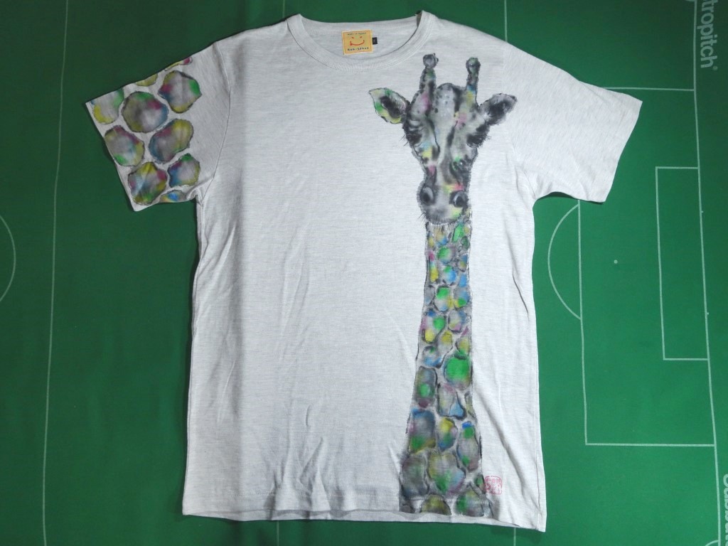 □Футболка с рисунком Kyoto Yuzen Ao GEN SENCE Kyoto Okazaki Zoo Giraffe, раскрашенная вручную, светло-серая с короткими рукавами M, не использовалась!!□, Размер М, круглая шея, Иллюстрация, характер