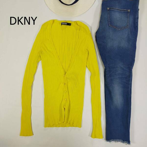 ディーケーエヌワイ DKNY リブカーディガン S イエロー 黄色 ストレッチ コンパクト ボタン シンプル 春色 爽やか 伸縮性 1921