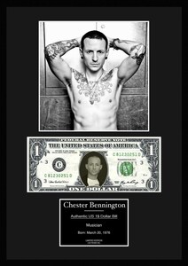 Linkin Park/リンキン・パーク/ロックバンド【チェスター・ベニントン/Chester Bennington】写真本物USA1ドル札フレーム証明書付/モノクロ1