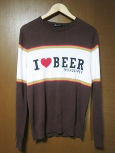 Sサイズ★VONZIPPERボンジッパーVZアイラブビアーI LOVE BEER【茶色×白】コットンニット【セーター】ビール