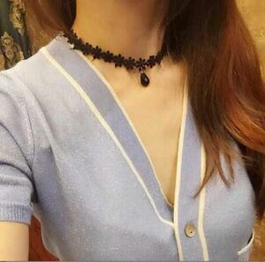 チョーカー 黒 ネックレス 花 フラワー ドロップ 韓国 刺繍