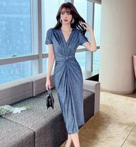 660　　ワンピースladiesレディース　◇綺麗めシルエット◇　　披露宴　　dress　タイト　　きれいめ　　　美スタイル　　ブルー_画像4