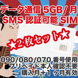 2枚セット プリペイドSIM データ通信5GB/月 SMS受信 090/080/070
