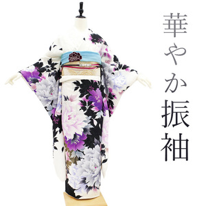  long-sleeved kimono kimono embroidery silver through . white black purple .. gloss .. beautiful coming-of-age ceremony two 10 -years old formal used brand new length 168.68 L size ....sb12238