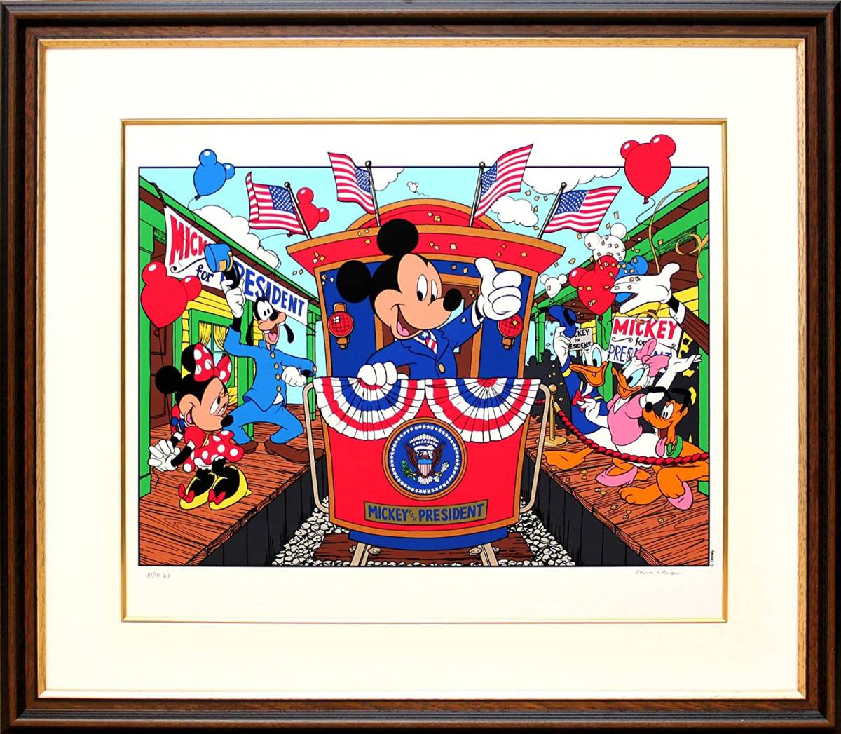 [Reproduktion] Miraculous Being Disney Präsident Mickey Mouse Kampagne Zug Druck gerahmt Serigraphie Disney Gemälde Bild Wandbehang, Kunstwerk, Drucke, Andere