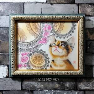 Art hand Auction Original hand-drawn one-of-a-kind ballpoint pen drawing calico cat framed cat picture wall hanging framed colored pencil drawing Japanese artist painting drawing art interior cat drawing, artwork, painting, others