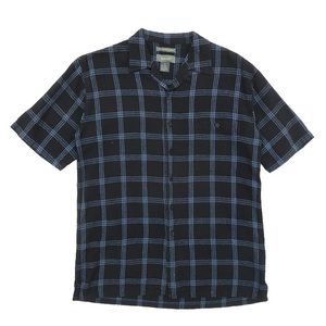 古着 開襟 リネン オープンカラーシャツ 半袖 チェック柄 ブラックベース サイズ表記：M　gd79301