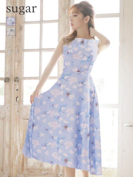 ERUKEI エルケイ ginza couture キャバドレス ナイトドレス ワンピース ミディアム丈 US0 5号 XS 水色 ブルー 花柄 フレア Aライン