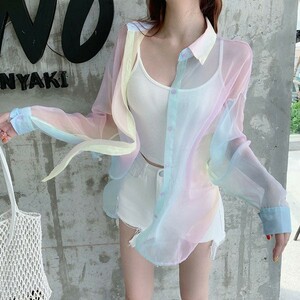  Rainbow shirt tops colorful cardigan see-through long sleeve spring summer [ free size ]