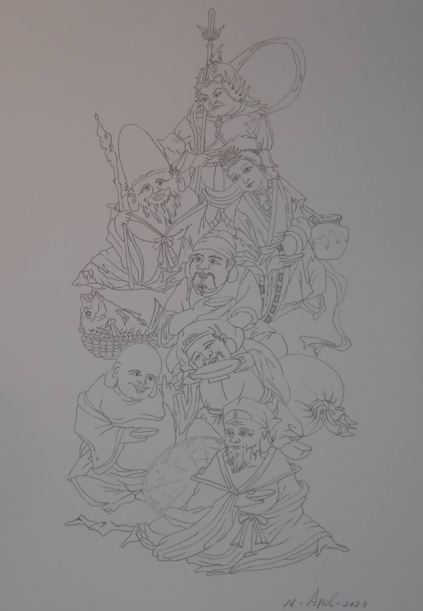 真作】掛軸 笑門来福 福の神 扇面画 書画作品 福神画 R184