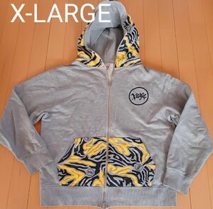 【稀少】X-LARGE エクストララージ　カモフラージュフード　フルジップパーカー　グレー×黄　M 