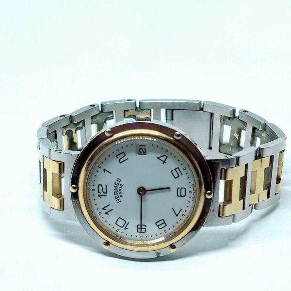 【稼働品】エルメス クリッパー 白盤 デイト スイス製 クォーツ メンズ 腕時計