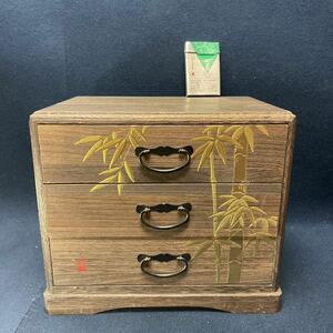 伝統工芸 竹図柄金彩 桐木製ミニ箪笥　小物入れ 引き出三段文箱 道具箱 和風家具 昭和レトロ 