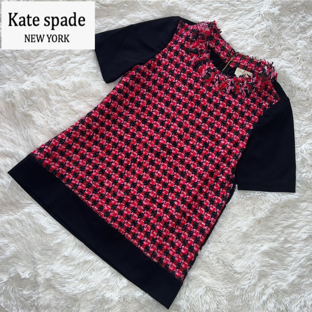 アイボリー×レッド 【美品】kate spade ノーカラージャケット ツイード