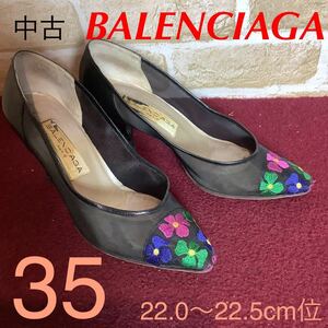 【売り切り!送料無料!】A-309 BALENCIAGA!パンプス!黒!花柄!35 22.0〜22.5cm位!刺繍デザイン!おしゃれ!シースルー!中古!