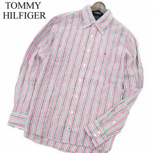 TOMMY HILFIGER トミーヒルフィガー 春夏 長袖 ロゴ刺繍★ ストライプ 【麻100% プレミアムリネン】 シャツ Sz.M　メンズ　A3T04017_4#A