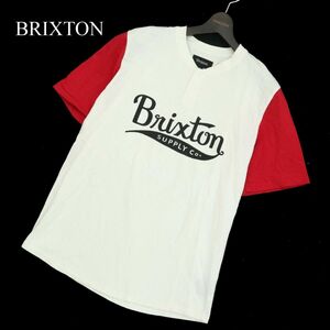 BRIXTON ブリクストン ビッグ ロゴ★ 半袖 ヘンリーネック ベースボール風 メッシュ カットソー Tシャツ Sz.M　メンズ 白　A3T04374_4#D