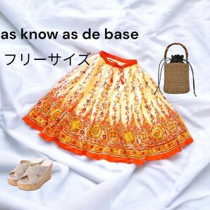 AS KNOW AS BASEインド綿　花柄　花刺繍スカート フレアスカート 