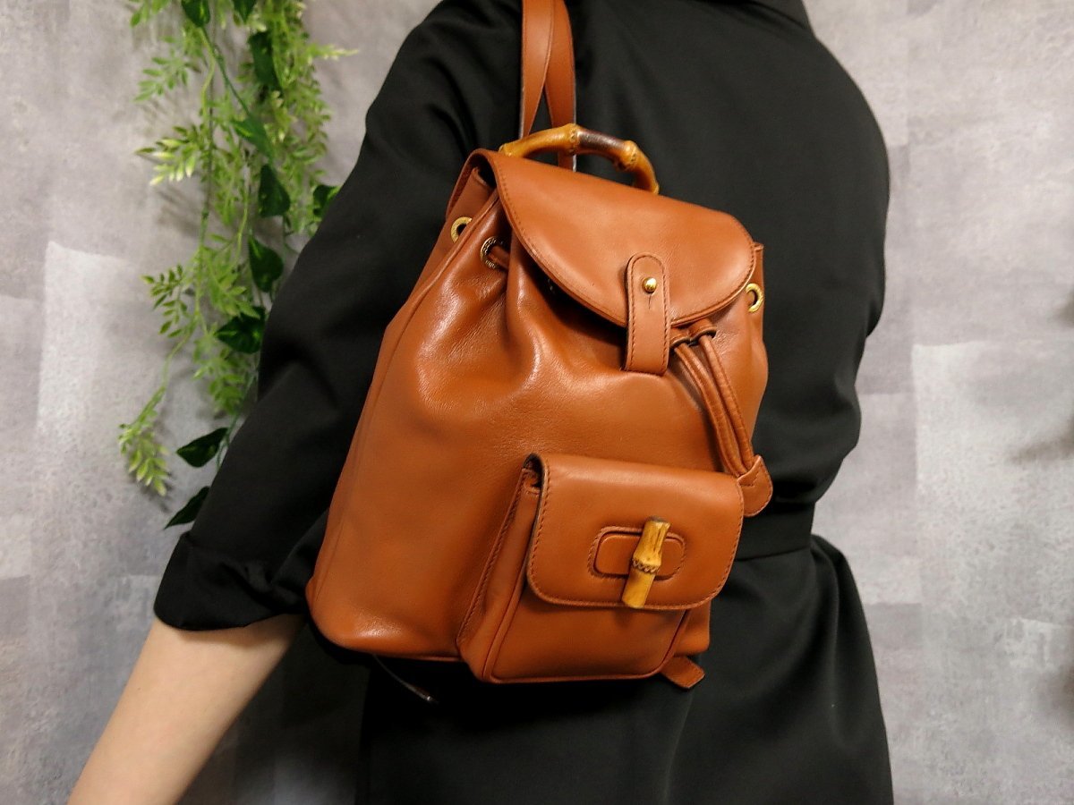 デイバッグ 【美品 希少カラー】GUCCI リュック バンブー レザー 男女