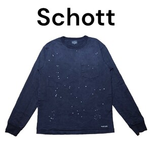 Schott　ヴィンテージ　ペンキ加工　ロンT　レザーロゴ刺繍　ショット　ロングスリーブTシャツ