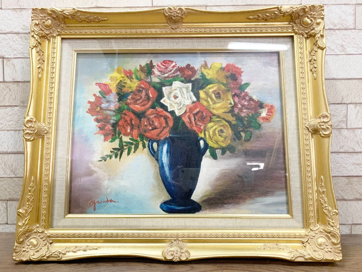 Yujiro Yasuda peinture à l'huile Rose fleur peinte à la main nature morte peinture à l'huile peinture antique signée décoration de biens d'intérieur, peinture, peinture à l'huile, peinture nature morte