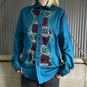  embroidery design floral print ethnic long sleeve western shirt men's XL