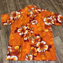 OloManu アロハシャツ 半袖 オレンジ色 ハイビスカス 花柄 USA ハワイ ポリエステル製 Sサイズ_画像1