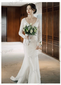 H062 high class race mermaid line wedding dress train long dress V neck long sleeve white XS~XL wedding Mai pcs photographing presentation Event 