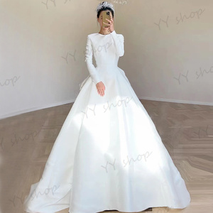 H001 uniqueness high class satin wedding dress long dress train A line long sleeve white XS~XL bride wedding Mai pcs photographing Event 