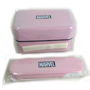 e)お値打ち!! マーベル MARVEL 長角弁当箱（2段） スプーン・フォークセット ボックスロゴ PASTEL PINK ピンク おしゃれ 可愛い※未使用品