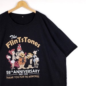 特大 原始家族フリントストーン クルーネック半袖プリントTシャツ メンズUS-5XLサイズ 杢ブラック Hanna Barbera キャラクター t-2432n
