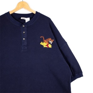 90-е годы Disney Henry Neck с коротким рукавом Термическая футболка Men US-XXL Size Navy Kumano Pooh &amp; Tigar Embroidery Vintage T-2429