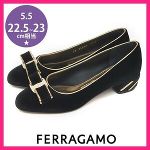 美品 サルヴァトーレフェラガモ Salvatore Ferragamo ヴァラリボン パイピング ベロア パンプス ブラック 黒 5.5(約22.5-23cm) sh23-0155