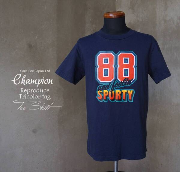 サラ・リー時代 チャンピオン Champion 復刻 バータグ 紺 ネイビー プリント 半袖 Tシャツ M相当