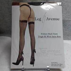 LEG AVENUE 9025BK バックシーム&サテンリボン・レーストップ・フィッシュネット・ストッキング　黒　サテンリボン付き網タイツ　