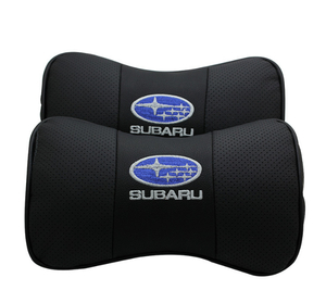 スバル SUBARU 車用ネックパッド 首クッション 2個セット ヘッドレスト ネックピロー ドライブ レザー 刺繍ロゴ ブラック