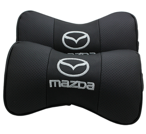 マツダ MAZDA 車用ネックパッド 首クッション 2個セット ヘッドレスト ネックピロー ドライブ レザー 刺繍ロゴ ブラック