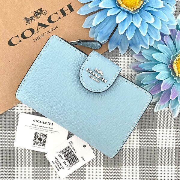 【新品】COACH(コーチ) ライトブルー レザー 折り財布